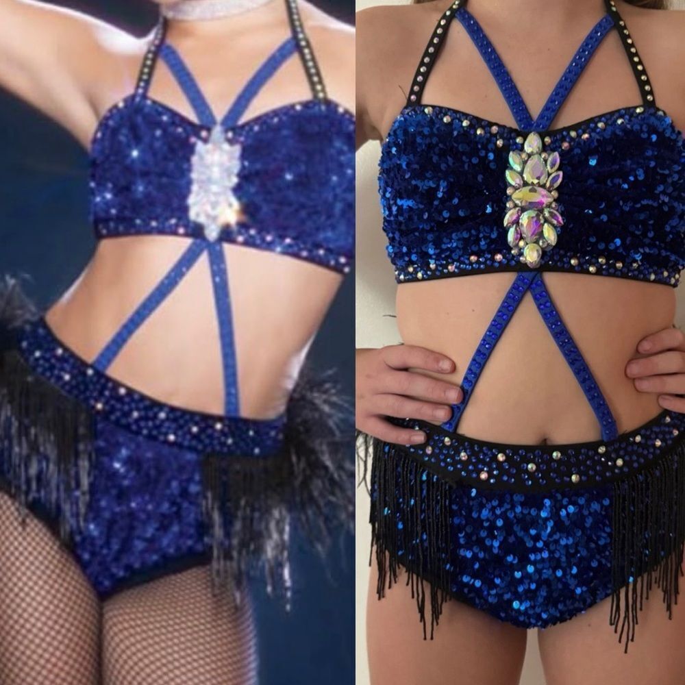 Glamour solo dance costume 2 piece blue feather velvet sassy jazz XLC child